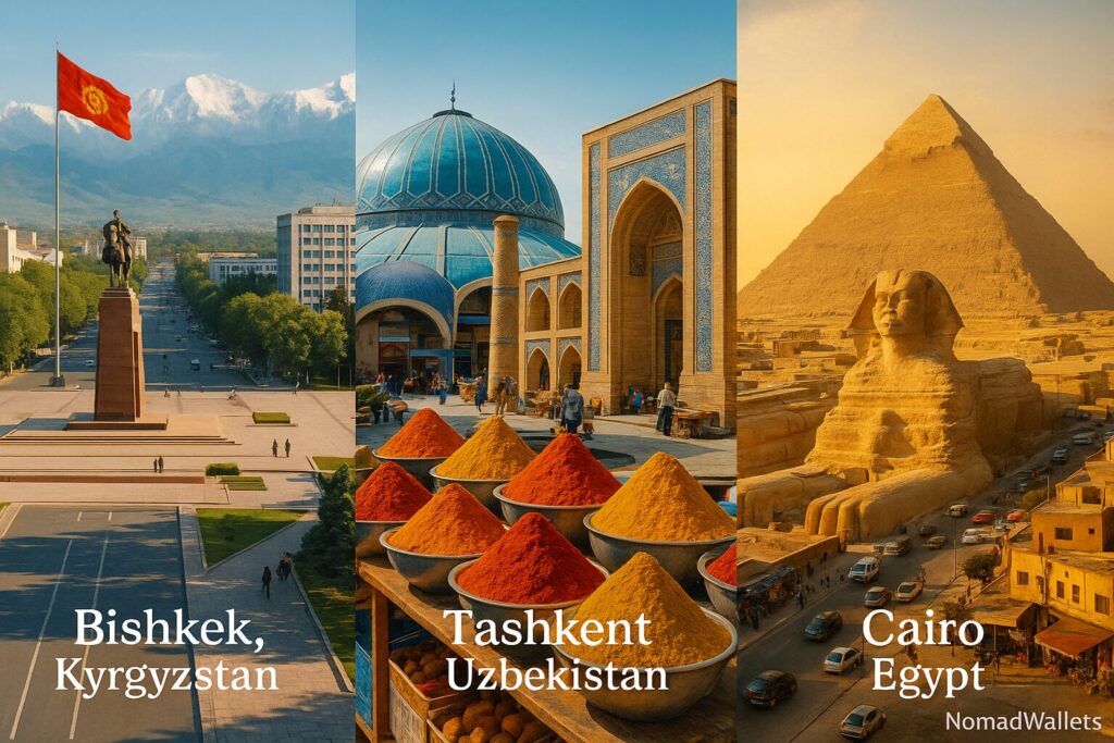 Digital Nomad Heaven Under $1000 in 2025: Best Cities & Cost Breakdown 4 "Travel collage of Bishkek Kyrgyzstan, Tashkent Uzbekistan, and Cairo Egypt featuring iconic landmarks, cultural markets, and NomadWallets branding in the corner."