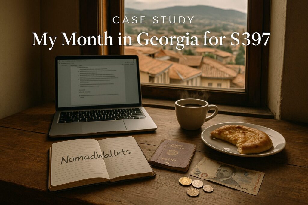 Digital Nomads Under $500: Top Destinations & Tips for 2025 2 Case study of living in Georgia as a digital nomad for $397 a month, showing a cozy desk with laptop, Georgian food, local currency, passport, and a notebook with NomadWallets written on it.