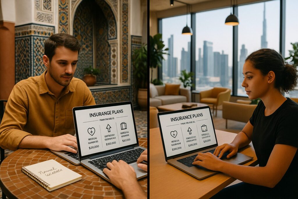 Best Digital Nomad Health Insurance for Africa & Middle East Travelers (2025) 3 Digital nomads comparing health insurance plans in Morocco and Dubai