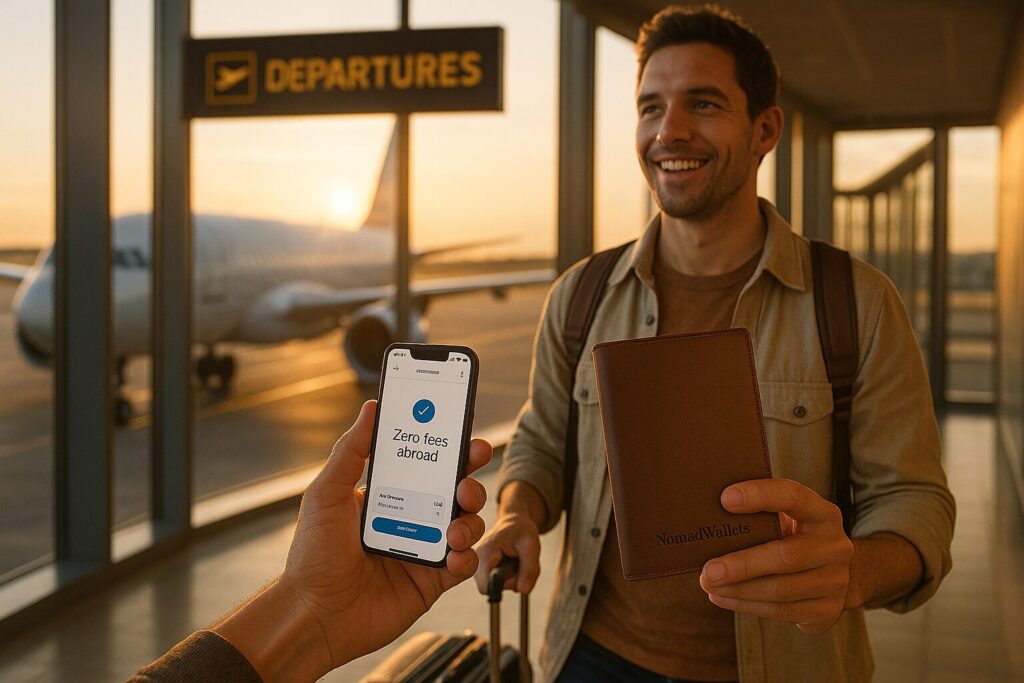 Traveler at airport gate holding phone with banking app and passport holder embossed with “NomadWallets,” golden-hour light and airplane in background.