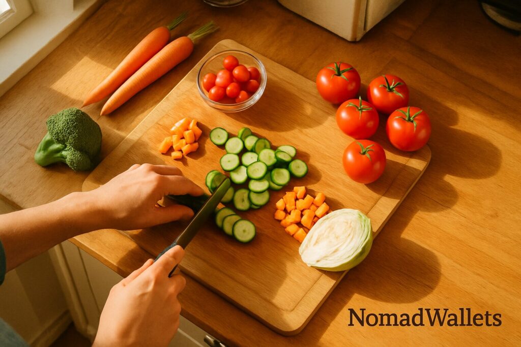Essential Digital Nomad Food and Travel Hacks for Happy Thriving Nomads 2025 7 Overhead view of fresh vegetable prep in a cozy kitchen, illustrating budget cooking hacks for digital nomads.