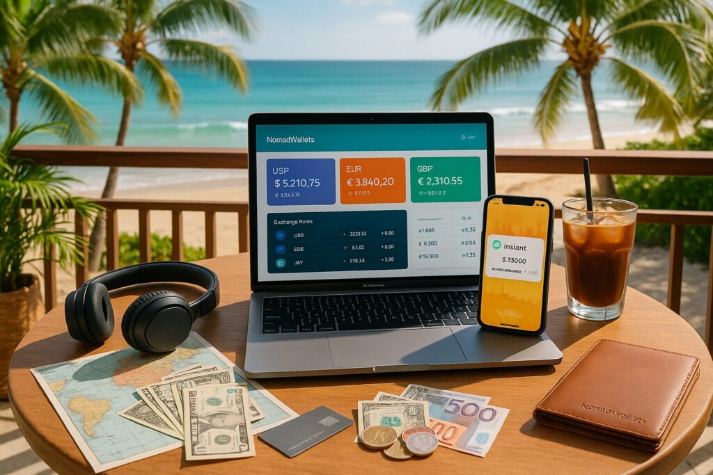 Beachside balcony with laptop and smartphone showing mobile banking features, travel gear, and “NomadWallets” printed on a wallet.