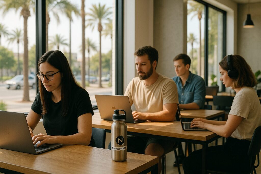 Ultimate Nomad Productivity Hacks for US Freelancers 2025 3 Coworking space with nomads working and NomadWallets sticker on water bottle