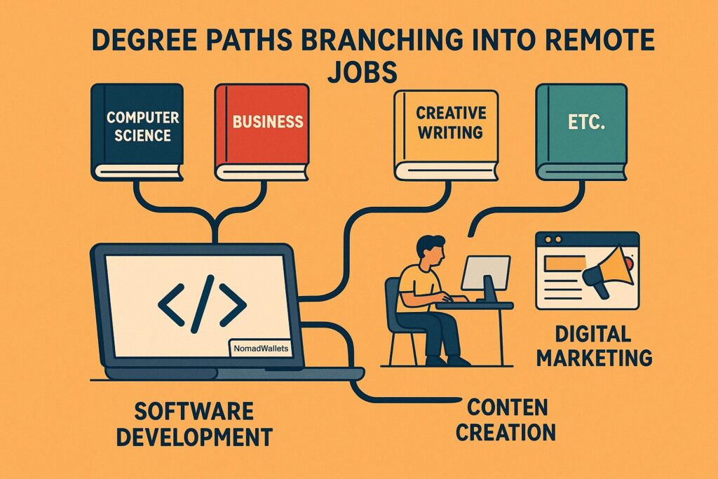 Top Degrees for Aspiring Digital Nomads to Work and Travel the World in 2025 3 Infographic showing how various degrees lead to remote job opportunities