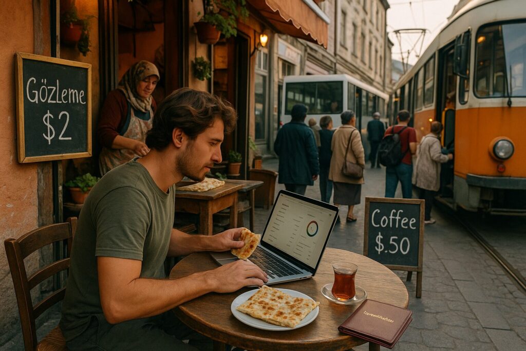 Digital Nomad $750 Month: The Ultimate Comfort Guide 2025 5 “Digital nomad living on a $750 budget in Izmir and Sarajevo, enjoying $2 gözleme at a local café in Turkey, riding $1 public buses and sipping $0.50 coffee in Bosnia. Scene includes a laptop with an expense tracker and a passport with NomadWallets branding.”