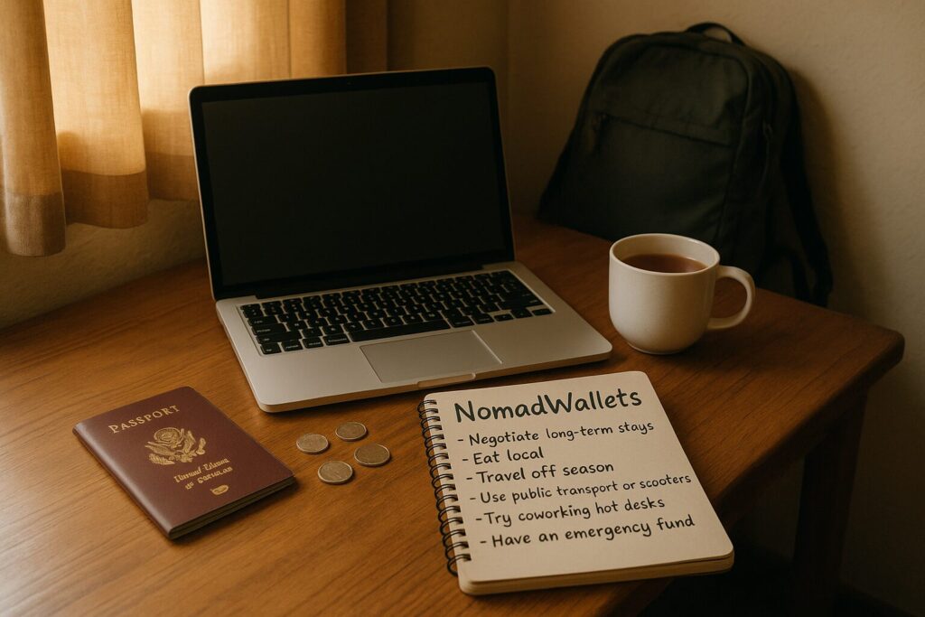 Digital Nomads Under $500: Top Destinations & Tips for 2025 6 Digital nomad budget tips scene with a desk, laptop, passport, backpack, and a notebook showing NomadWallets handwritten alongside cost-saving notes like negotiate long-term stays, eat local, and use public transport.