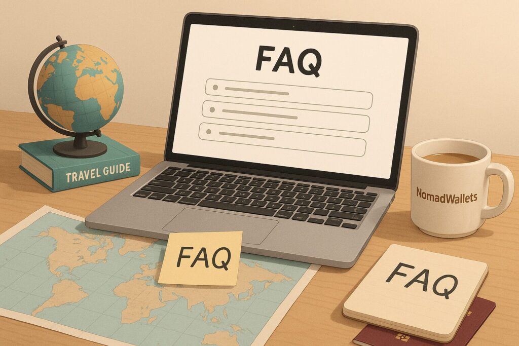 Digital Nomad Heaven Under $1000 in 2025: Best Cities & Cost Breakdown 5 "Digital nomad FAQ desk setup with laptop, coffee, world map, and notepad showing FAQ, with NomadWallets branding."