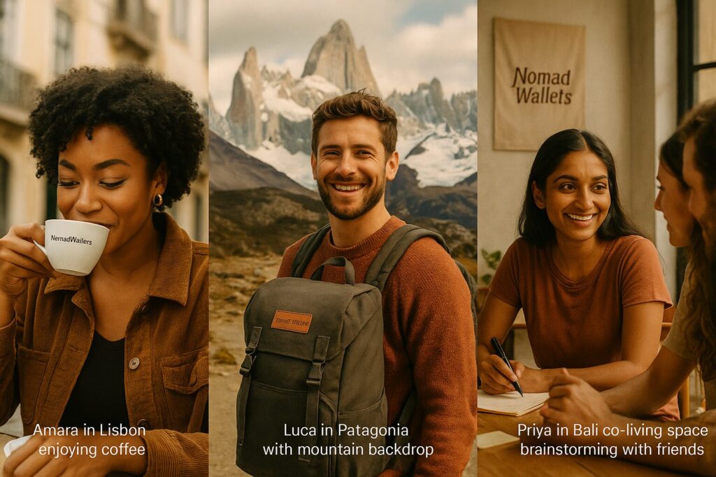 Three digital nomads from around the world with NomadWallets branding