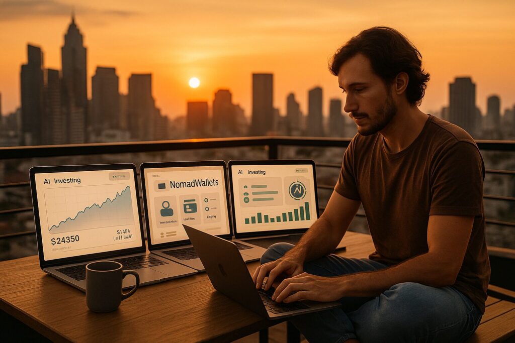 Best AI Powered Investing Tools for US Nomads – 2025 Expert Guide 3 Digital nomad working on laptop rooftop terrace with NomadWallets AI investing apps open during sunset.