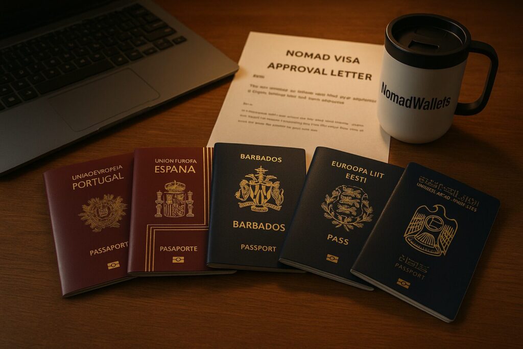 Passports and visa approval letter with NomadWallets travel mug