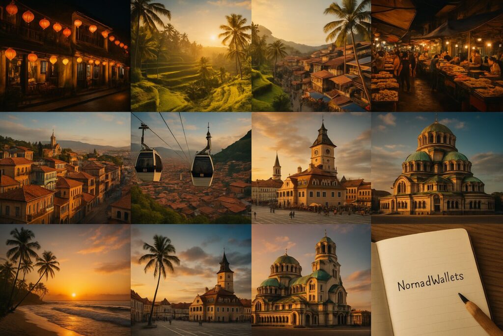 Digital Nomads Under $500: Top Destinations & Tips for 2025 3 Collage of famous places for digital nomads under $500 in 2025, featuring Vietnam, Indonesia, Georgia, Thailand, Colombia, Romania, Sri Lanka, and Bulgaria, with NomadWallets handwritten in a notebook.
