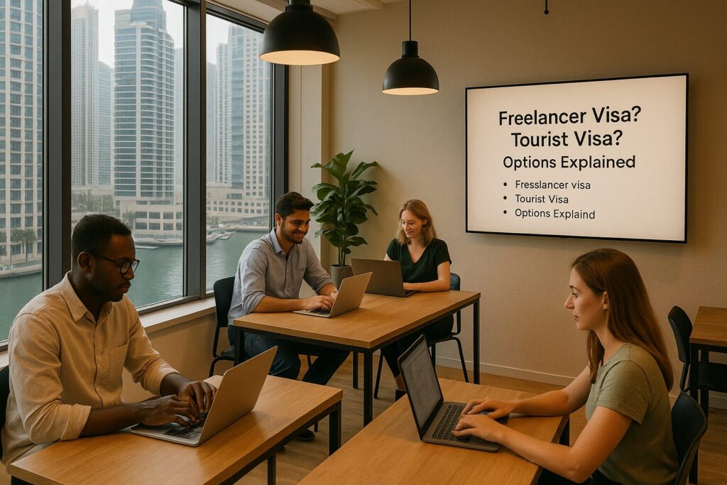 Coworking hub in Dubai Marina with nomads and visa information visible