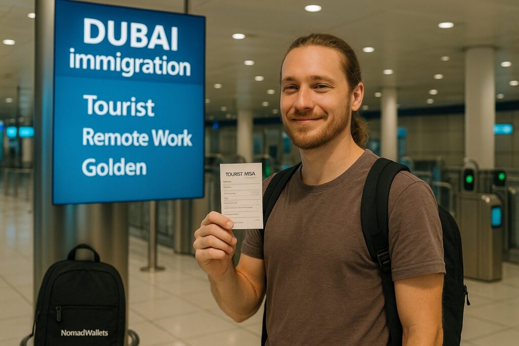 Digital nomad with tourist visa at Dubai airport near e-Gates and visa types displayed