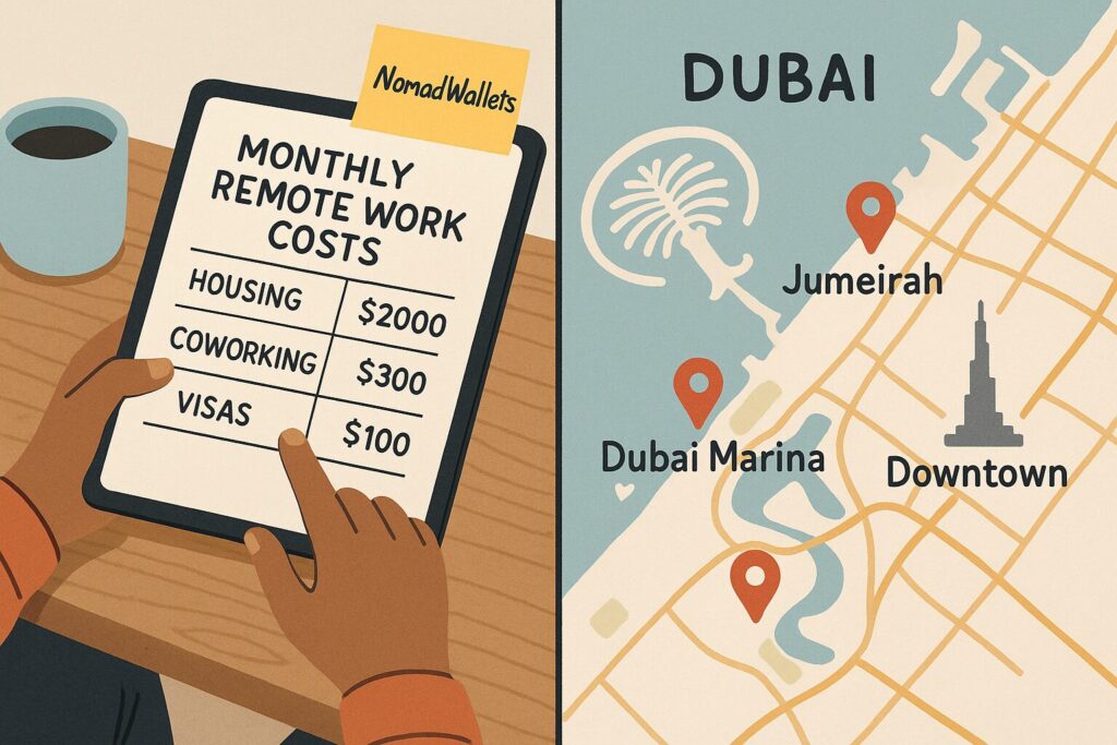 Cost breakdown for remote work in Dubai with digital nomad map and hotspots