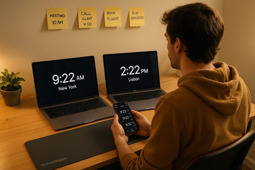 Ultimate Nomad Productivity Hacks for US Freelancers 2025 2 Freelancer working across multiple time zones with NomadWallets branding visible