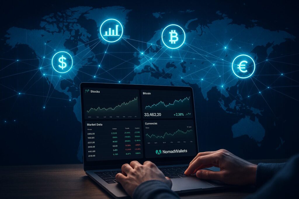 Best AI Powered Investing Tools for US Nomads – 2025 Expert Guide 6 Global financial network map with NomadWallets AI investing dashboards visible on laptop in foreground.
