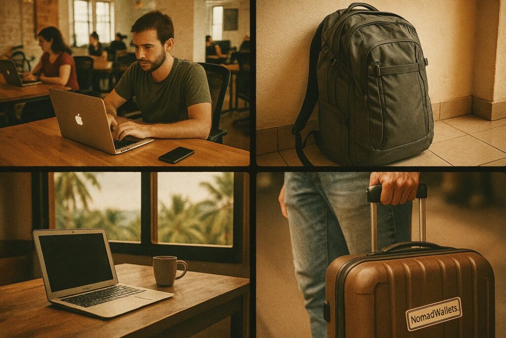 Collage showing early days of the digital nomad movement with NomadWallets suitcase sticker