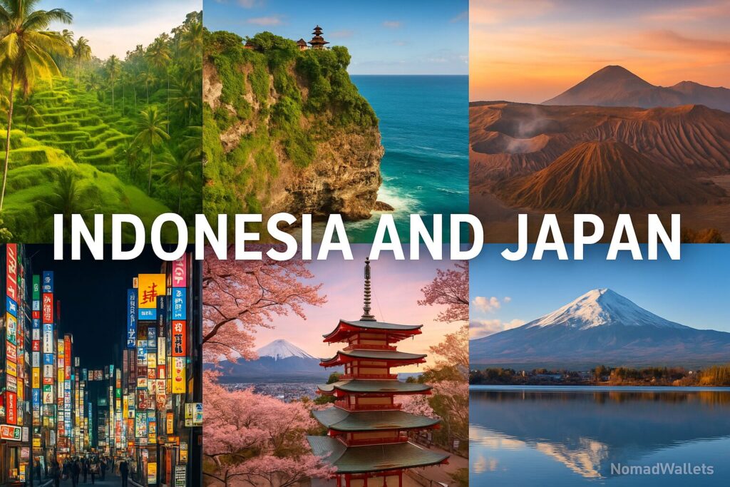 "Scenic collage of Indonesia and Japan – Bali, Uluwatu, Mount Bromo, Tokyo, Kyoto, Mount Fuji – no humans, only landscapes and architecture."