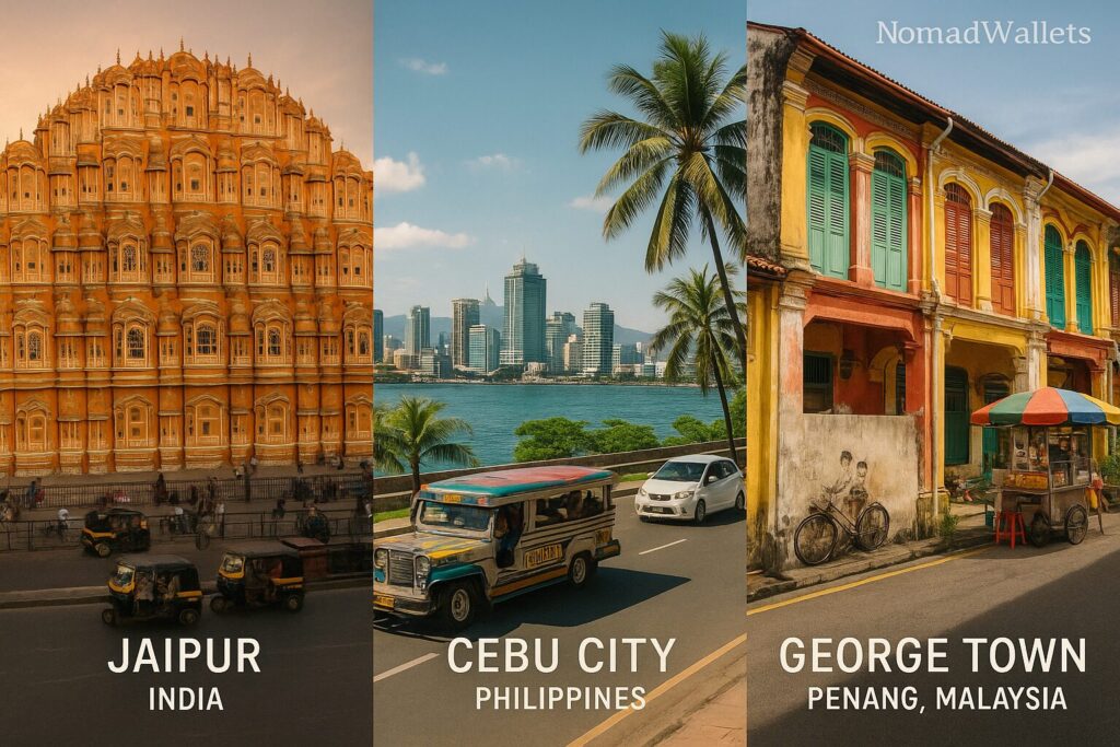 Digital Nomad Heaven Under $1000 in 2025: Best Cities & Cost Breakdown 2 "Collage of Jaipur India, Cebu City Philippines, and George Town Penang Malaysia showcasing cultural landmarks, colorful streets, and digital nomad lifestyle, with NomadWallets branding in the corner."