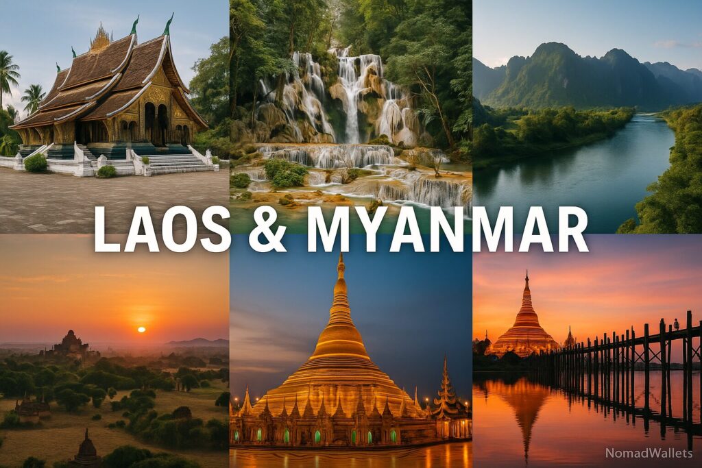 "Scenic collage of Laos and Myanmar – Luang Prabang temples, Kuang Si waterfalls, Vang Vieng mountains, Bagan temples, Shwedagon Pagoda, U Bein Bridge at sunset – landscapes and landmarks only, no humans."