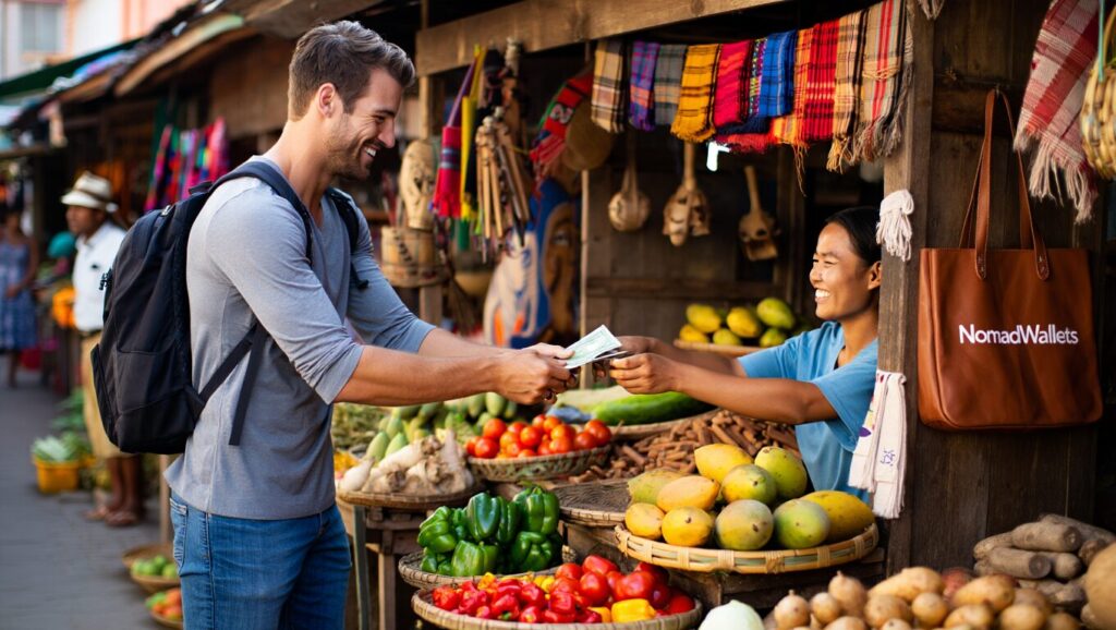 Essential Digital Nomad Food and Travel Hacks for Happy Thriving Nomads 2025 9 Traveler buying fresh fruit from local market vendor, illustrating affordable food options for digital nomads.