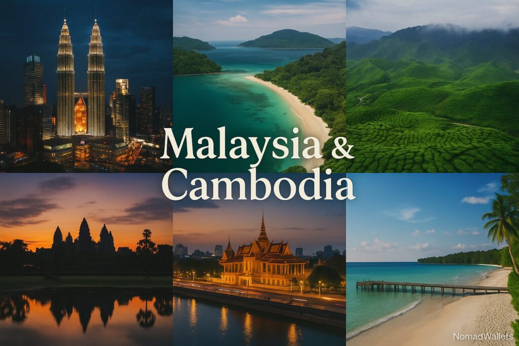 "Scenic collage of Malaysia and Cambodia – Petronas Towers, Langkawi beach, Cameron Highlands, Angkor Wat sunrise, Phnom Penh riverside, Koh Rong island – no humans, only landscapes and architecture."