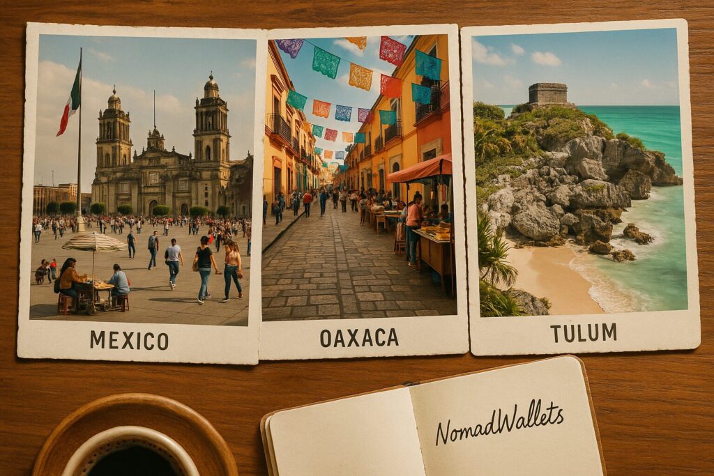 Digital Nomads Under $500: Top Destinations & Tips for 2025 4 Collage of Mexico for digital nomads under $500, showing Mexico City Zócalo, Oaxaca colorful streets, and Tulum Mayan ruins above the Caribbean, with NomadWallets handwritten in a notebook.