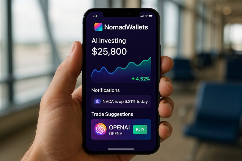 Best AI Powered Investing Tools for US Nomads – 2025 Expert Guide 4 Hand holding smartphone displaying AI-powered investing app with NomadWallets branding in an airport lounge.