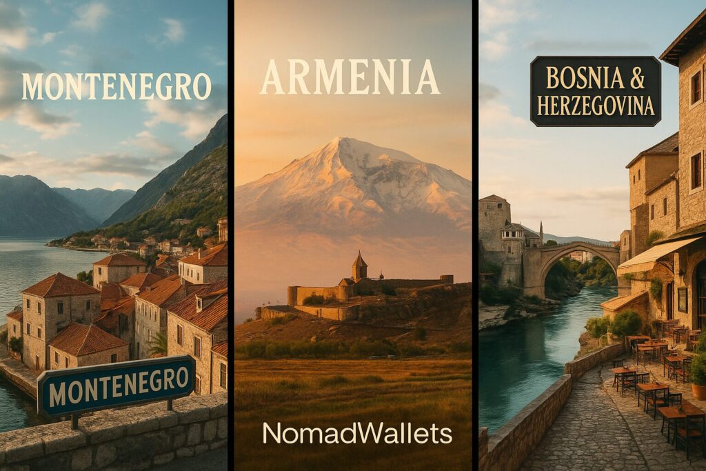 Digital Nomad $750 Month: The Ultimate Comfort Guide 2025 3 “Travel collage showcasing Montenegro’s Kotor Bay, Armenia’s Khor Virap Monastery with Mount Ararat, and Bosnia & Herzegovina’s Mostar Bridge. Each panel labeled with country names, with NomadWallets branding in the corner.”