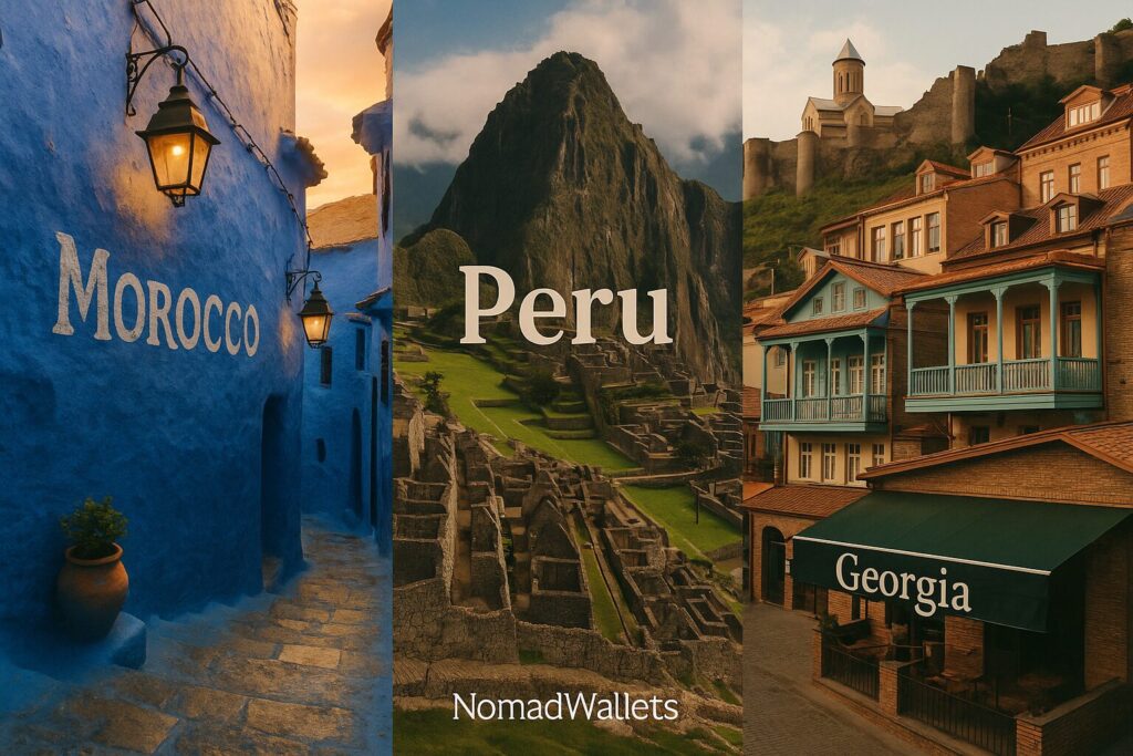 Digital Nomad $750 Month: The Ultimate Comfort Guide 2025 4 “Travel collage featuring Morocco’s blue city of Chefchaouen, Peru’s Machu Picchu in the Andes, and Georgia’s Tbilisi old town with Narikala Fortress. Each panel labeled with country names, with NomadWallets branding in the corner.”