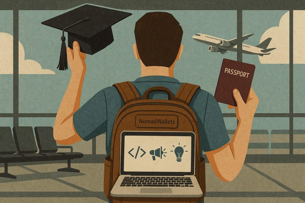 Top Degrees for Aspiring Digital Nomads to Work and Travel the World in 2025 2 A graduate holding a passport and cap at the airport, ready to travel and work