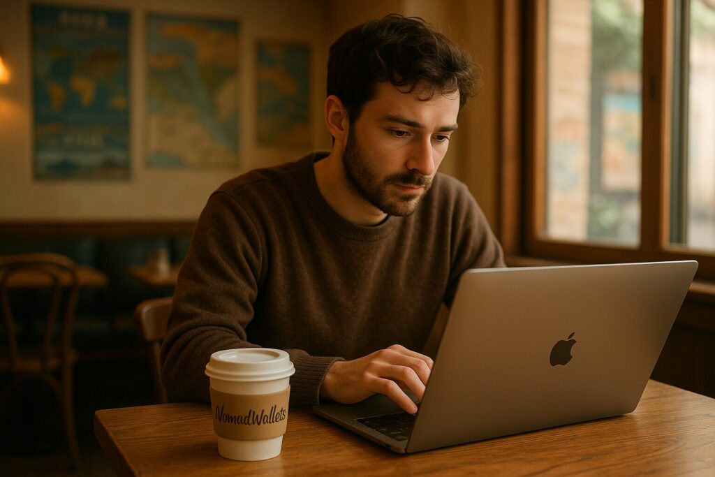 Essential Digital Nomad Food and Travel Hacks for Happy Thriving Nomads 2025 6 Digital nomad working on laptop in cozy café, demonstrating affordable workspace hacks.