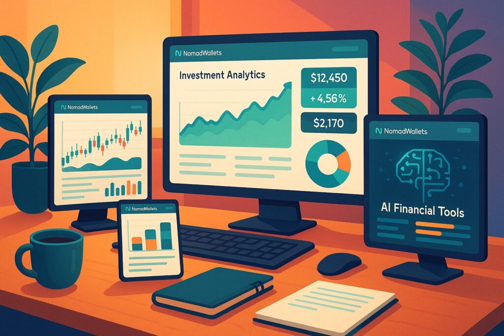 Best AI Powered Investing Tools for US Nomads – 2025 Expert Guide 5 Modern workspace with AI investment dashboards featuring NomadWallets branding on multiple screens.