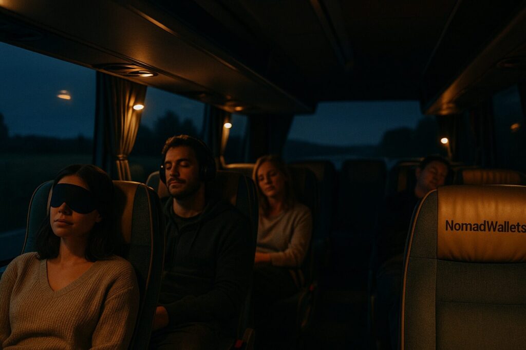 Essential Digital Nomad Food and Travel Hacks for Happy Thriving Nomads 2025 8 Comfortable overnight bus interior with relaxed passengers sleeping and soft reading lights, illustrating affordable travel hacks.