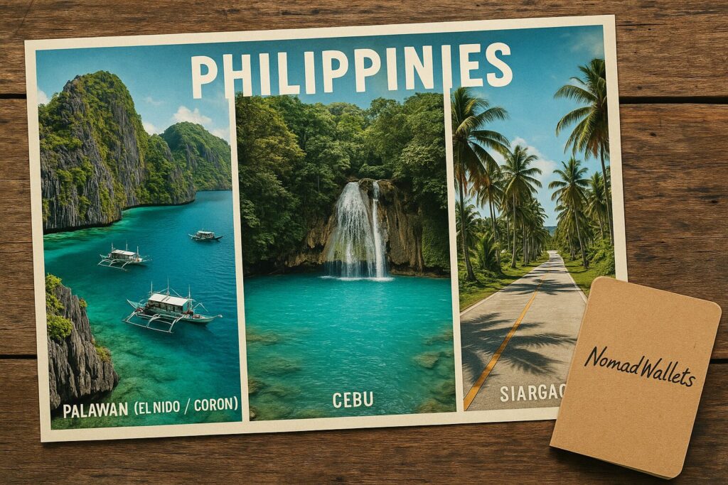 Digital Nomads Under $500: Top Destinations & Tips for 2025 5 Collage of the Philippines for digital nomads under $500, showing Palawan limestone cliffs, Cebu waterfalls, and Siargao surf coast, with NomadWallets handwritten in a travel notebook.