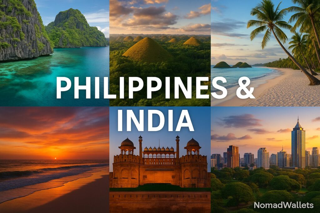 "Scenic collage of Philippines and India – El Nido cliffs, Chocolate Hills, Boracay beach, Goa sunset, Delhi Red Fort, Bangalore skyline – no humans, only landscapes and architecture."