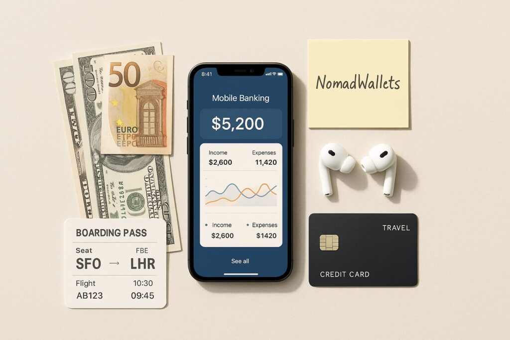 Minimalist flat-lay with smartphone banking screen, currencies, boarding pass, and sticky note reading “NomadWallets.”