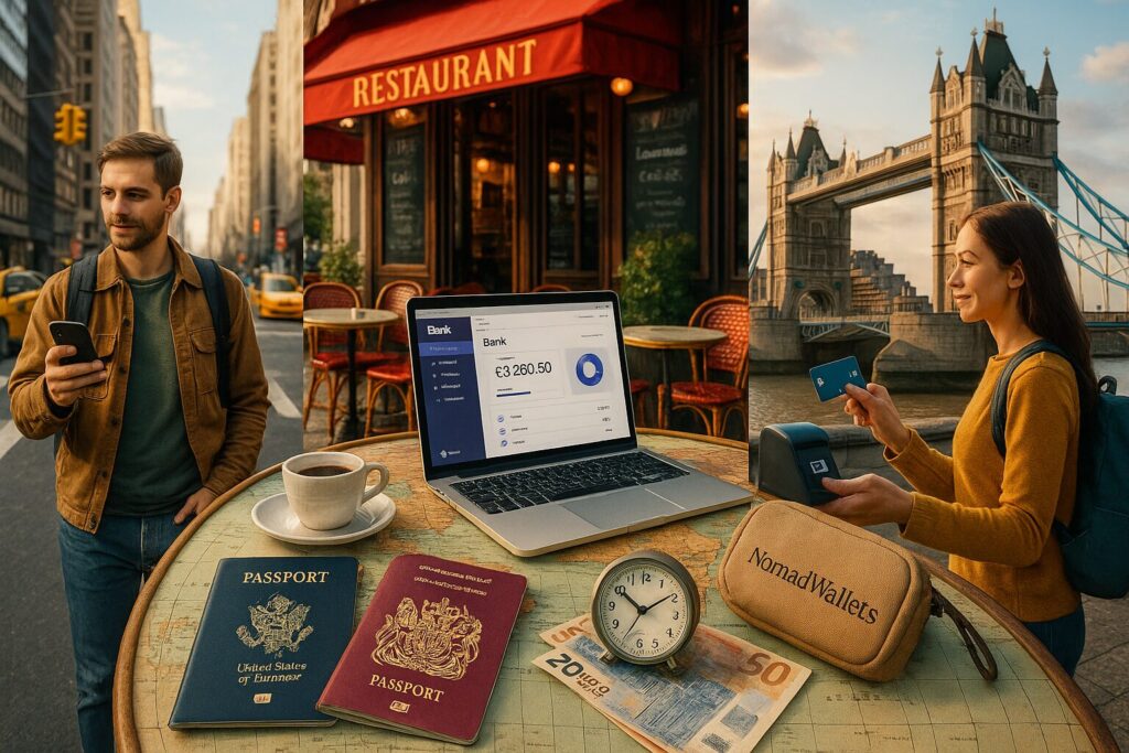 Panoramic travel collage showing New York, Paris, and London scenes with passports, currencies, and “NomadWallets” stitched on a travel pouch.
