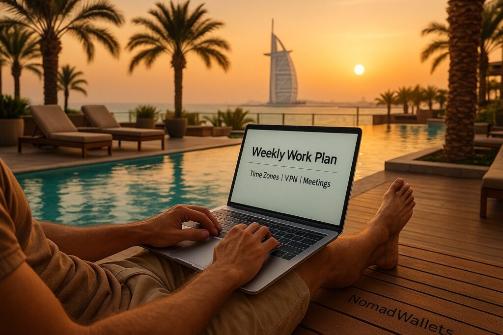 Digital nomad working from Dubai rooftop pool with scenic backdrop and work plan on laptop