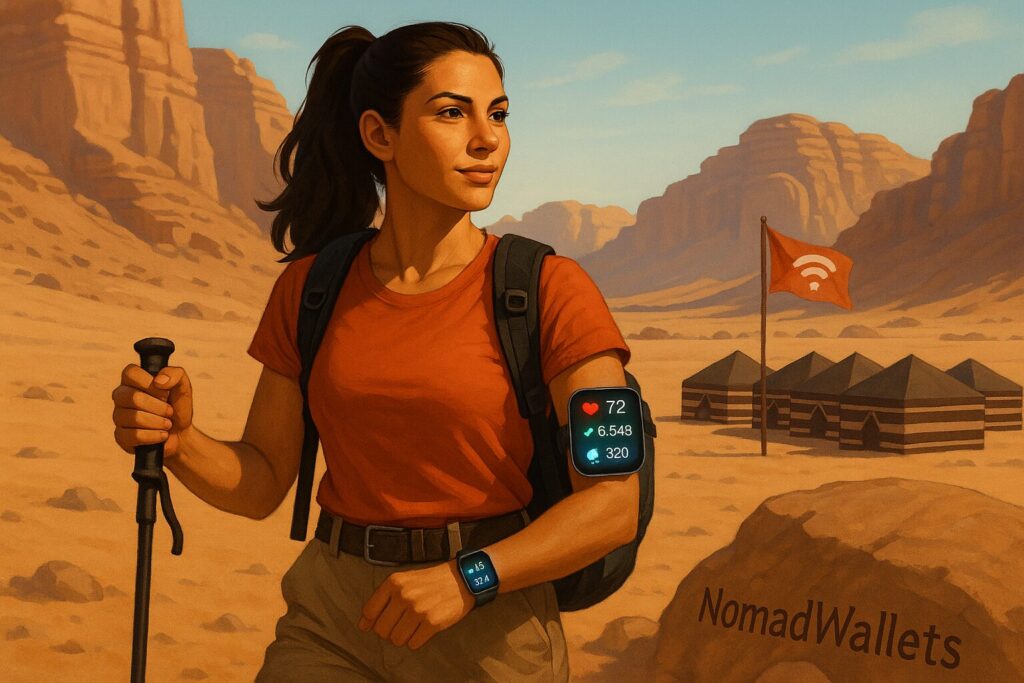 Best Digital Nomad Health Insurance for Africa & Middle East Travelers (2025) 4 Digital nomad tracking health while hiking in the Middle East with safety in mind