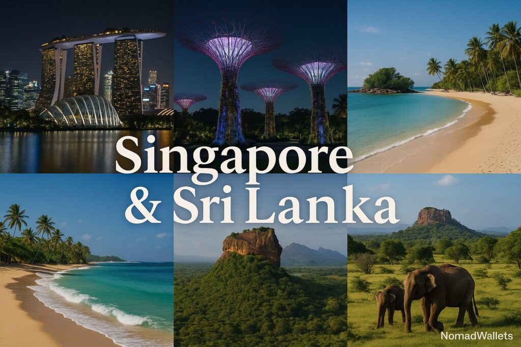 "Scenic collage of Singapore and Sri Lanka – Marina Bay Sands, Gardens by the Bay, Sentosa beach, Weligama coast, Sigiriya Rock Fortress, Yala National Park – no humans, only landscapes and landmarks."
