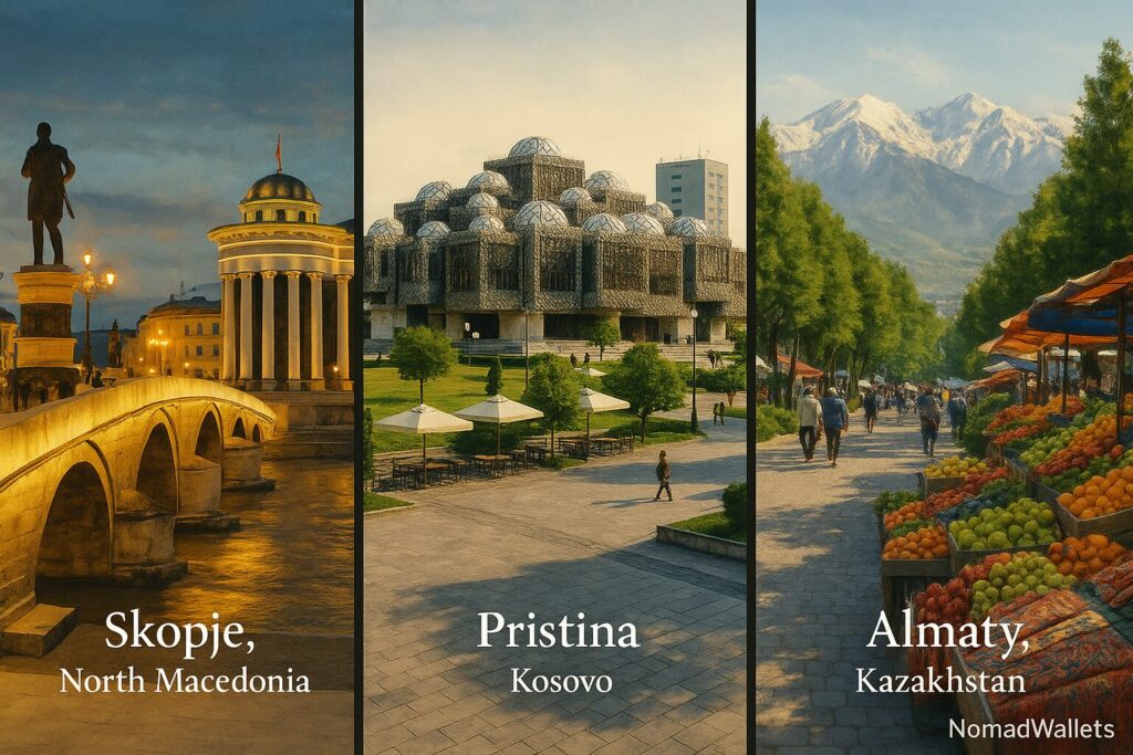 Digital Nomad Heaven Under $1000 in 2025: Best Cities & Cost Breakdown 3 "Travel collage of Skopje North Macedonia, Pristina Kosovo, and Almaty Kazakhstan featuring iconic landmarks, vibrant cityscapes, and NomadWallets branding in the corner."