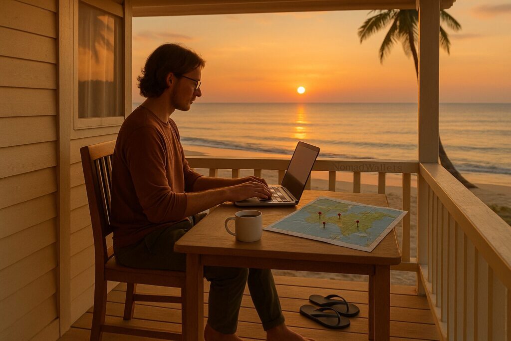 Ultimate Nomad Productivity Hacks for US Freelancers 2025 4 Freelancer working slowly from a beachside location with NomadWallets branding