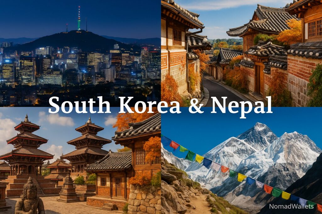 "Scenic collage of South Korea and Nepal – Seoul skyline, Bukchon Hanok Village, Jeju cliffs, Kathmandu temples, Himalayas, Mount Everest – no humans, only landscapes and architecture."