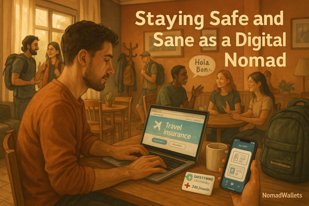 Digital Nomad $750 Month: The Ultimate Comfort Guide 2025 6 “Digital nomad living safely on a $750 budget with SafetyWing $45/month medical insurance, scanned passport and visa stored on phone, and a supportive hostel community with group hikes and language exchanges. NomadWallets branding shown on a backpack tag.”