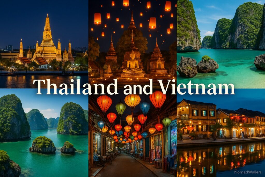 "Scenic collage of Thailand and Vietnam – Bangkok, Chiang Mai, Phuket, Ha Long Bay, Hanoi, Hoi An – no humans, only landscapes and architecture."