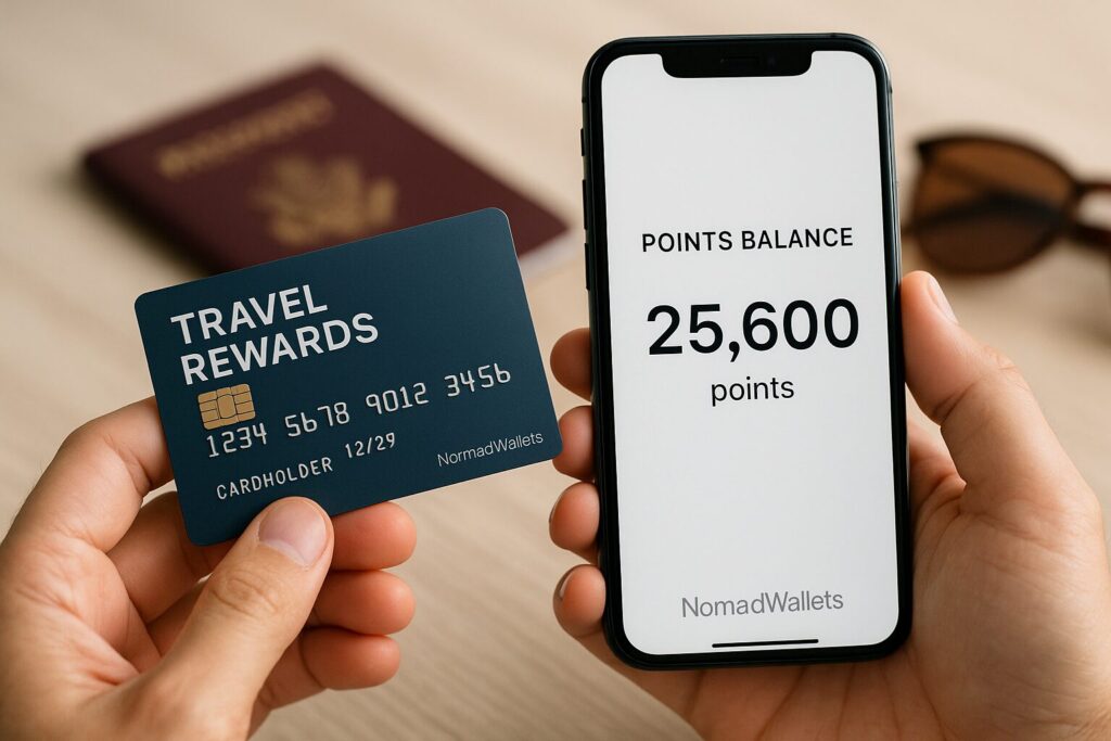 Essential Digital Nomad Food and Travel Hacks for Happy Thriving Nomads 2025 10 Travel rewards credit card and smartphone with points display, highlighting budget travel credit card hacks.