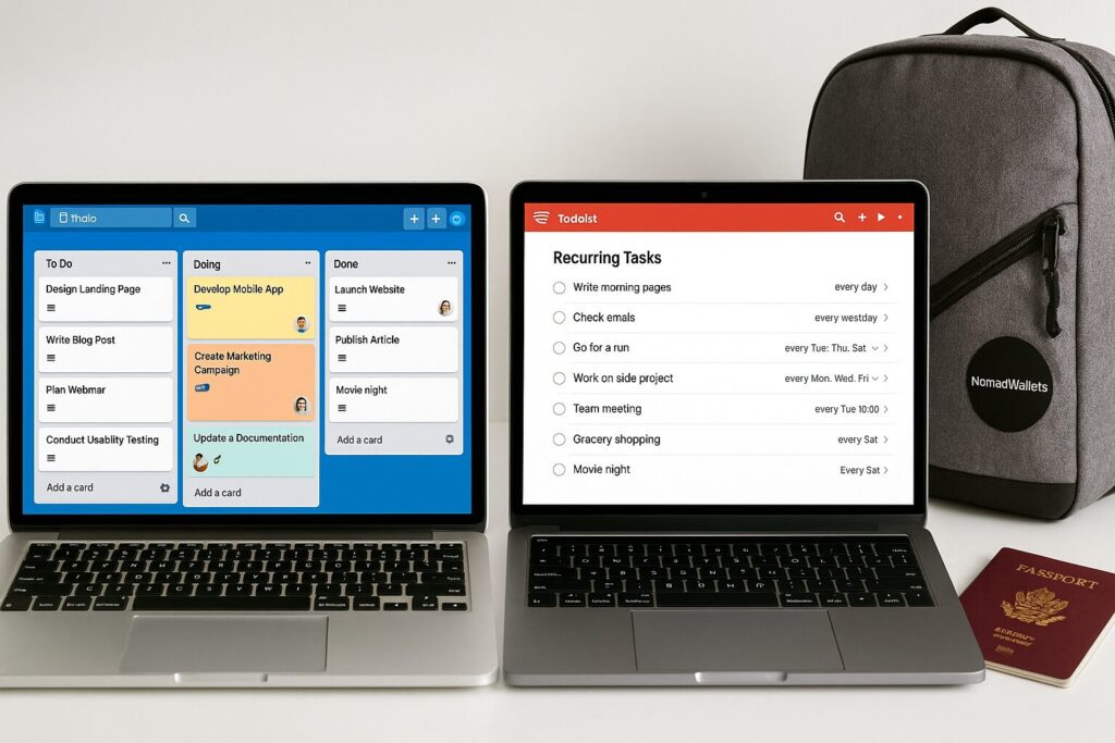 Ultimate Nomad Productivity Hacks for US Freelancers 2025 6 Trello and Todoist comparison setup on digital nomad's desk with NomadWallets sticker