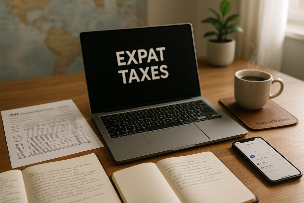 Digital nomad’s organized workspace with laptop, tax documents, and coffee, showing preparedness for expat tax filing.