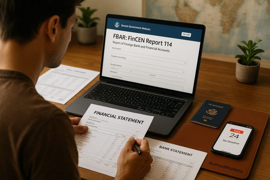 Digital nomad reviewing foreign bank statements and filing FBAR on a laptop, highlighting compliance with FBAR and FATCA regulations.